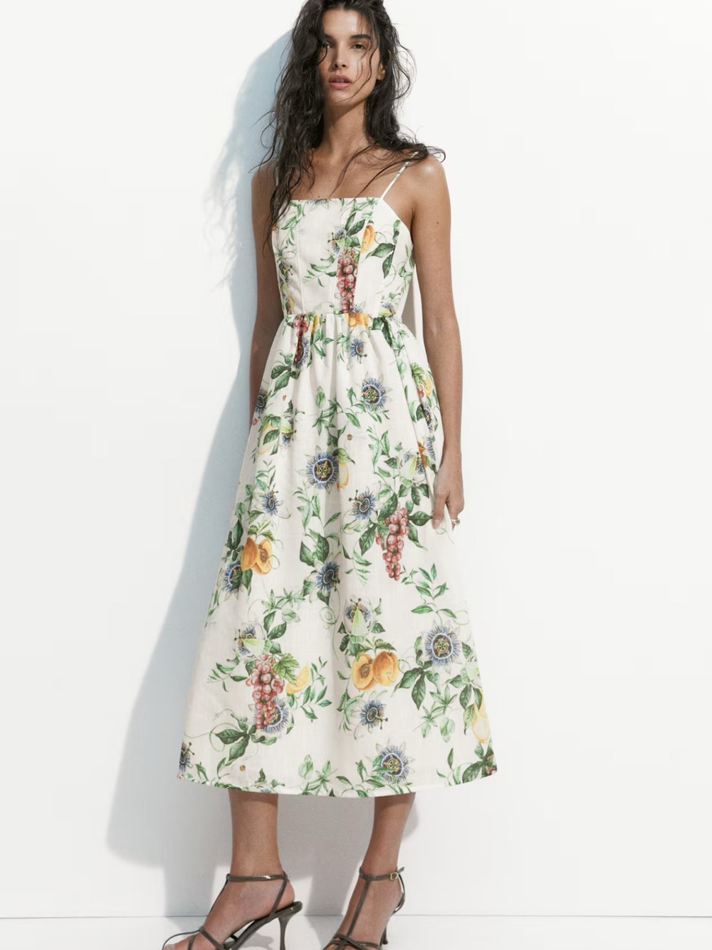 H&M Floral Spaghetti-Strap Midi Dress in Cream NWT SZ XSMALL
